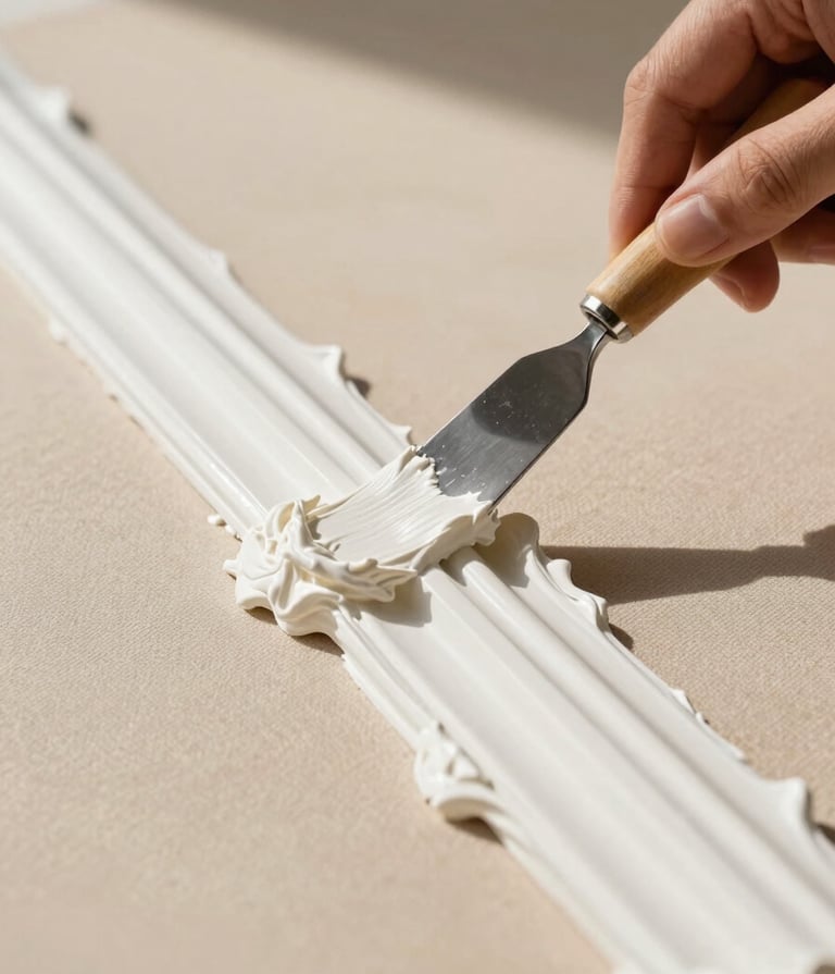 A close-up photograph in a sunlit North American studio. A hand holds a steel painting knife, spreading thick, sculptured white molding paste across a canvas. The texture is heavy and architectural. Warm sand and soft beige tones dominate the background.