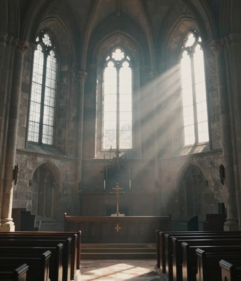 A cinematic wide-angle shot of a historic stone church interior at dawn. Beams of morning sunlight stream through high windows, illuminating dust motes in the air. The atmosphere is serene and inspiring, with a palette featuring #1A2F3C shadows and #F5F2EC highlights. High-end artistic photography style.