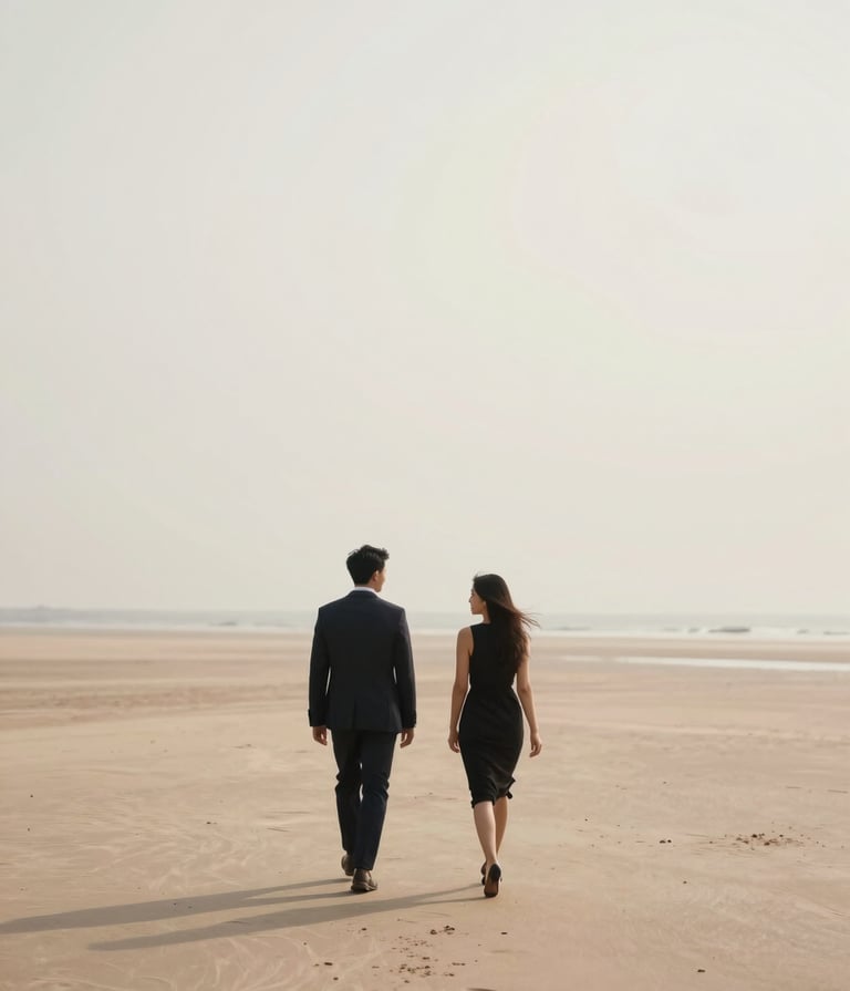 A professional portrait of a couple walking away on a sandy beach. The composition is minimalist with lots of negative space. The colors are dominated by warm taupe sand, soft off-white sky, and a touch of muted sage green in the distance. The mood is serene and refined.
