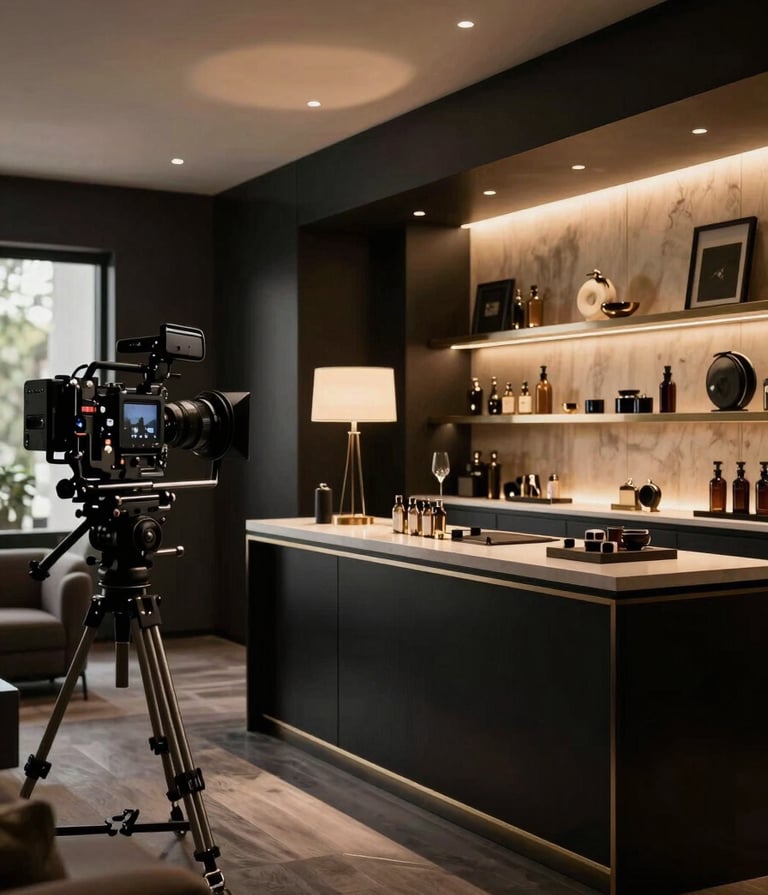 A cinematic wide shot of a professional film set within a modern North American / US luxury boutique. Sophisticated lighting rigs cast warm muted gold glows on sleek rich black interior surfaces, highlighting an exclusive production atmosphere.