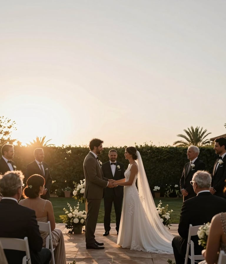 Candid shot of a couple during a wedding ceremony in a Spanish garden, elegant attire, sunset backlighting, minimalist composition, featuring muted brown and off-white colors.