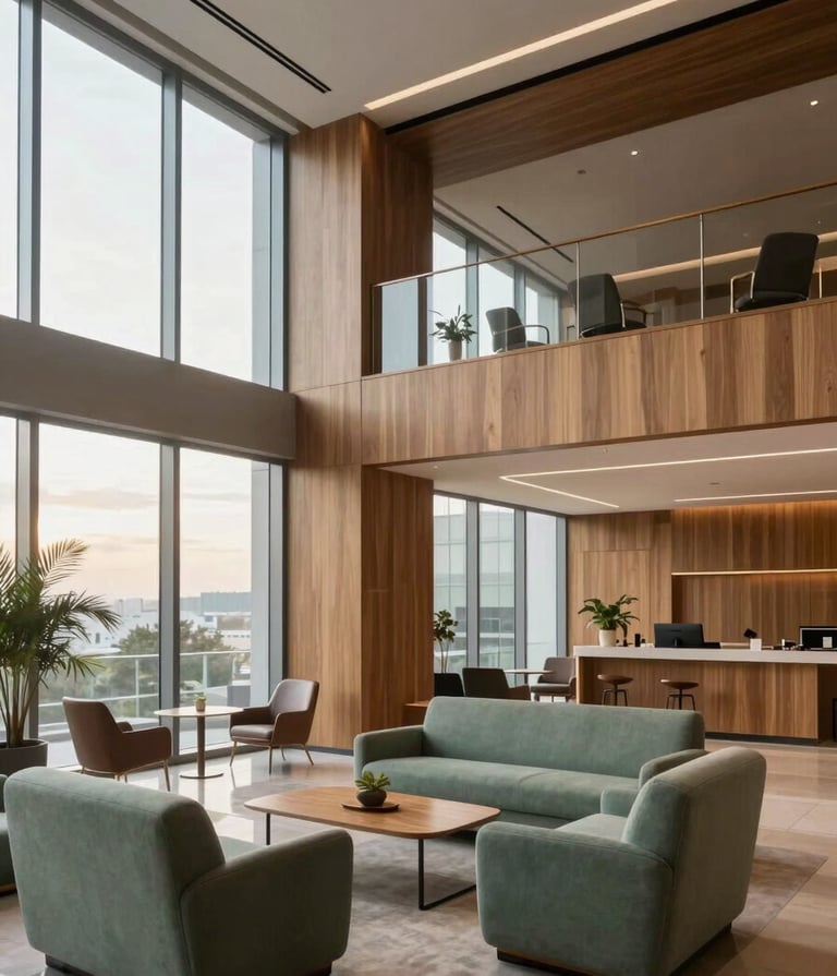 Wide-angle professional architectural photography of a sophisticated corporate lounge in a South American / Brazilian office building. The space features clean minimalist lines, natural wood paneling, and soft muted green upholstered furniture. Large floor-to-ceiling windows bring in soft afternoon light. Atmosphere is elegant and professional.