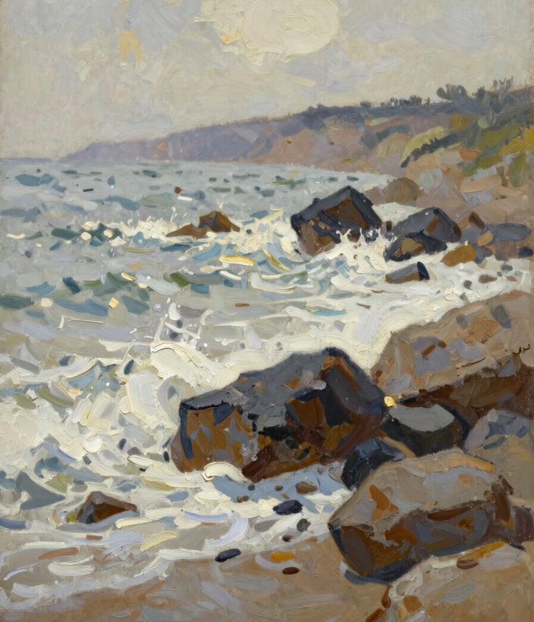 A high-quality photograph of an impressionist landscape painting on a canvas. The artwork depicts a vibrant coastline with waves crashing against rocks, using a palette of off-white, muted brown, and deep charcoal. Soft, diffused daylight illuminates the texture of the paint strokes.