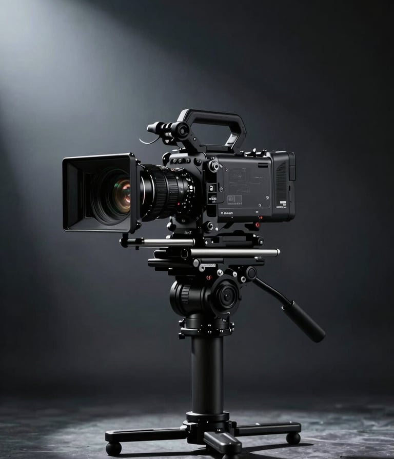 A professional cinema camera on a stabilizer in a dark studio, illuminated by a single directional light creating a soft mist effect against a deep charcoal background.