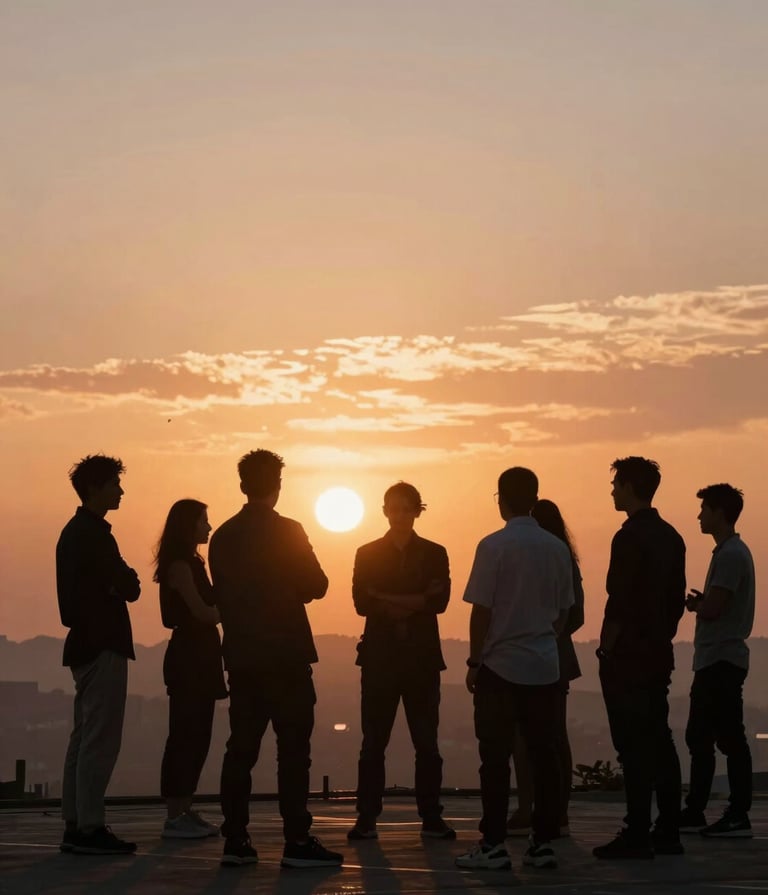 A high-energy, wide-angle shot of the Blumattone team in a real project briefing on-site. Dark silhouettes against a bright sunset background. Dramatic, cinematic orange and rust tones (#C1674E). No posing, authentic movement.