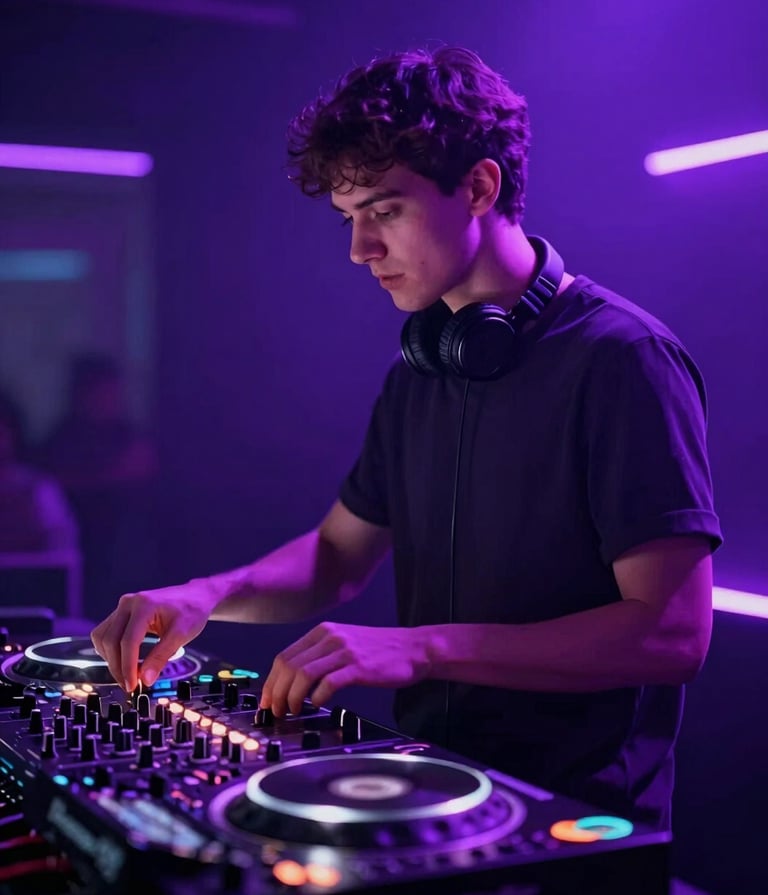 A professional performance shot of a DJ behind a high-tech console. The scene is bathed in vibrant #7A7CF1 purple and blue neon lighting. The background is a dark #0A0A0F club environment with subtle light streaks. Energetic and sophisticated atmosphere.