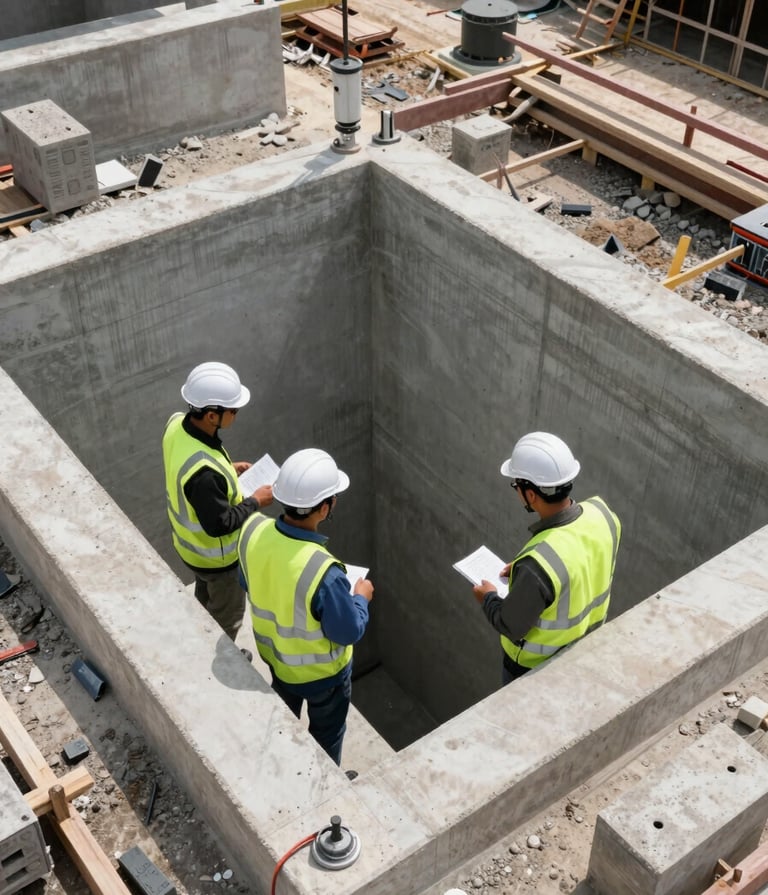 A high-angle professional architectural shot of a construction site in Malang, Indonesia. Engineers in reflective safety vests are inspecting a concrete infiltration well installation. Bright daylight, modern equipment, clean aesthetic with a focus on civil engineering precision.