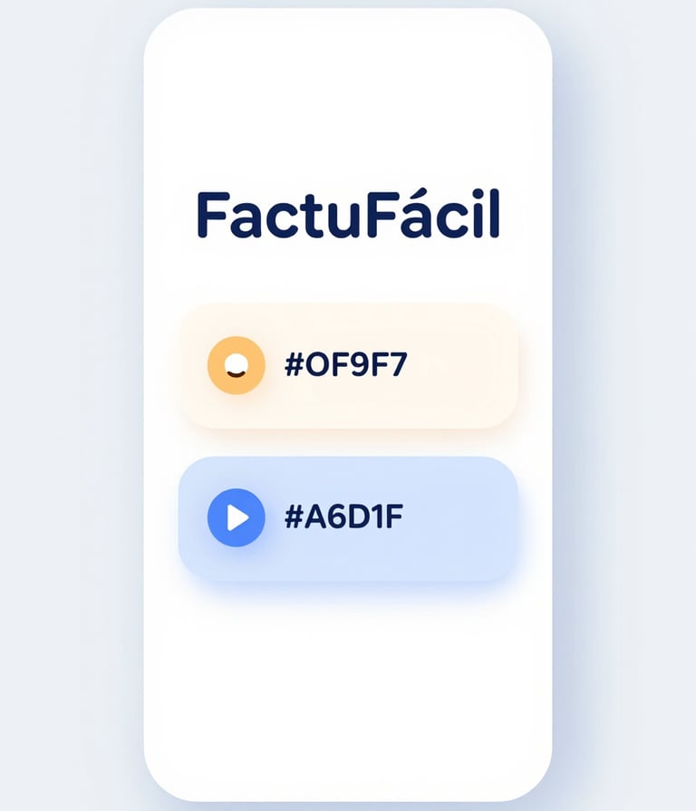 A minimalist and playful mobile app mockup of FactuFácil. The screen shows a clean dashboard with soft rounded cards in pastel colors #FFF9F7 and #A6D1FF. The UI features friendly icons and large, readable text. Soft, bright lighting with a creative, modern aesthetic.