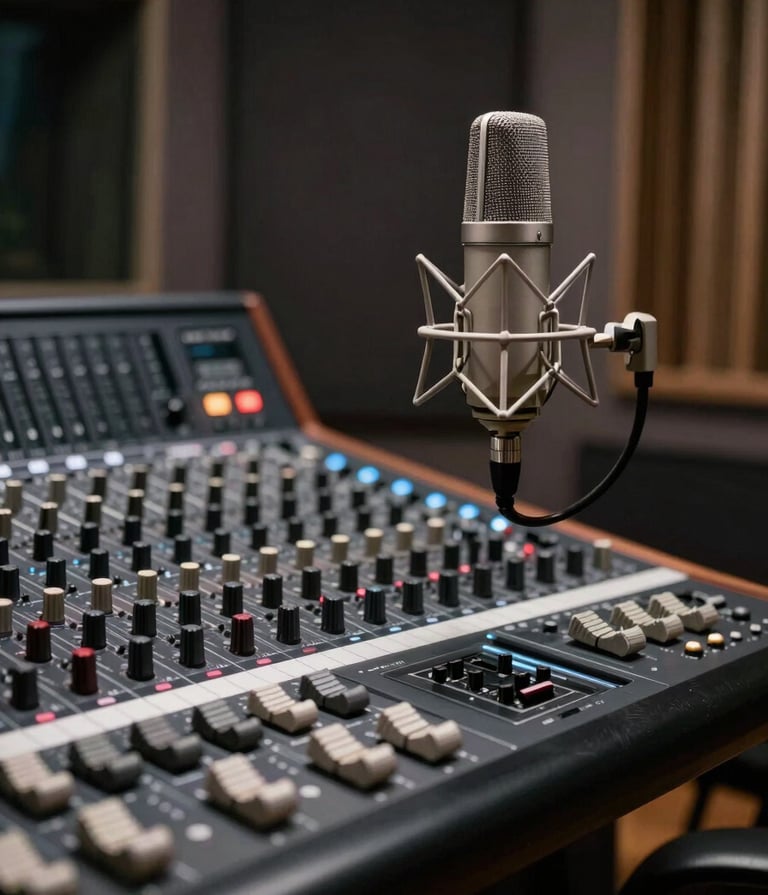 A high-end professional music recording studio in a North American setting. The scene features a sleek black mixing console and a vintage condenser microphone. The lighting is dim and cinematic, using charcoal and dark gray shadows to create a polished, artistic mood.