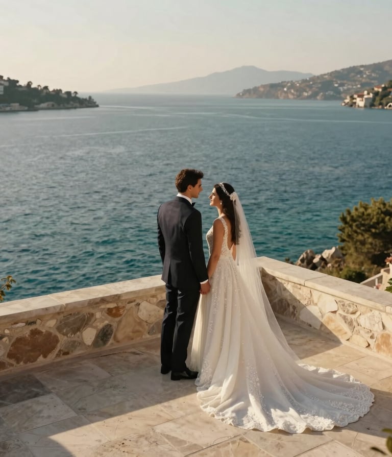 A high-resolution, modern editorial photograph of a wedding couple in elegant attire standing on a sun-drenched stone terrace overlooking the Bodrum coast. The light is golden hour warm, the sea is turquoise, and the composition is clean and minimalist. Middle Eastern / Turkish setting.