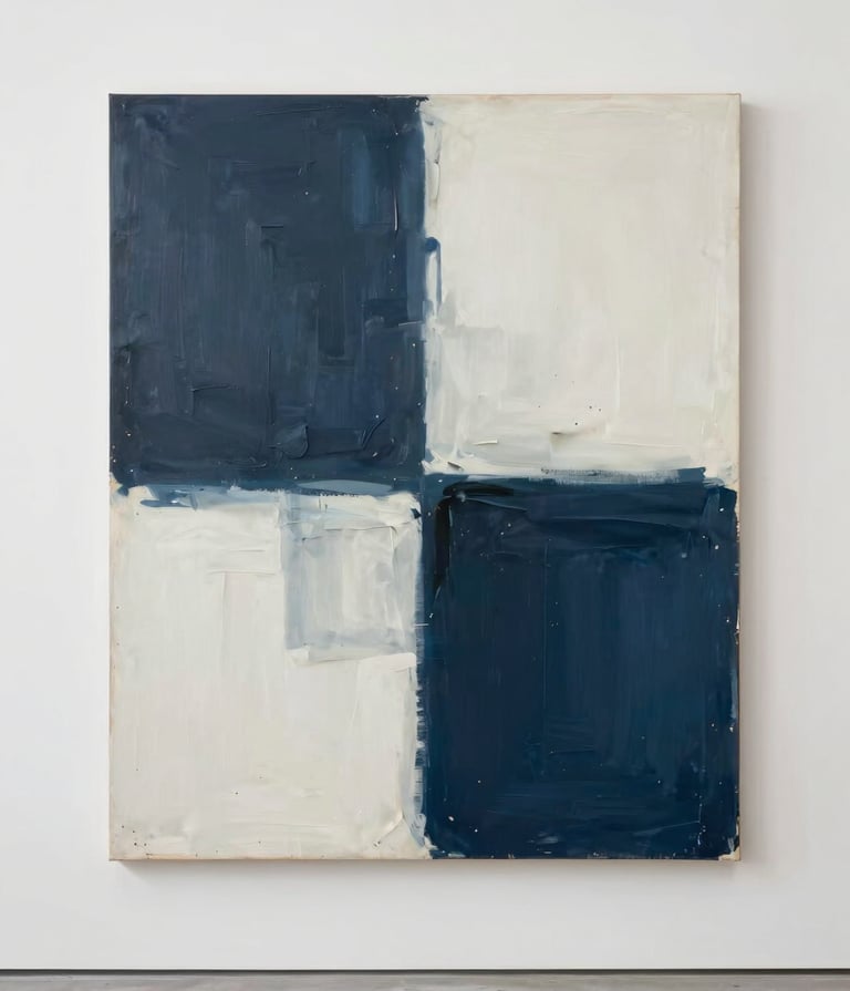 Modernist large-scale abstract painting, minimalist composition with wide brushstrokes in dark slate blue and off white, soft studio lighting in a contemporary Latinoamericano / Español art gallery setting.