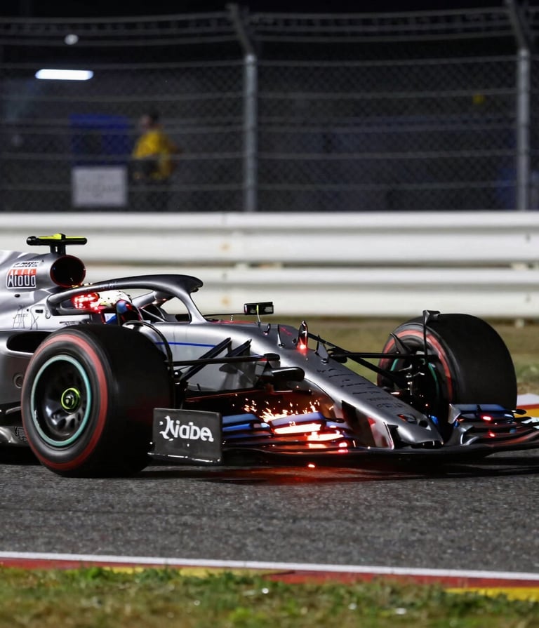 A high-speed side profile shot of a modern Formula 1 car during a night race at a North American track, motion blur on the wheels and background, vibrant red brake glow and sparks flying from the undercarriage, professional sharp focus on the cockpit, lighting using deep shadows and bright white track highlights.