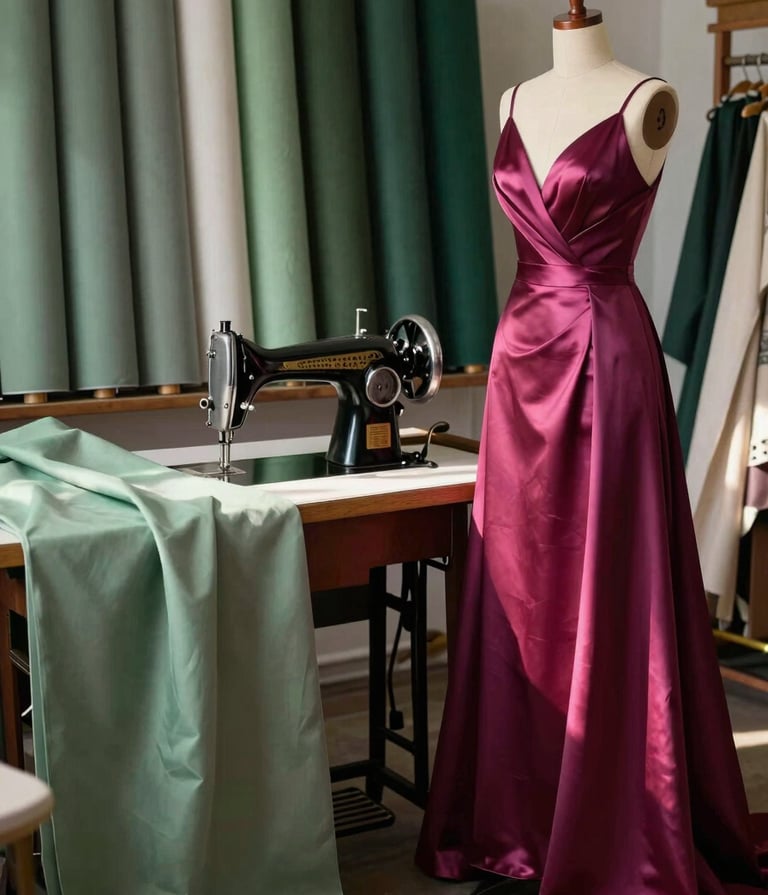 A professional designer's studio in a Western / Global setting, filled with rolls of sage green and forest green fabric. A vintage sewing machine sits on a wooden table, and sunlight illuminates a dress form draped in an enchanting dark magenta silk gown. The atmosphere is magical and whimsical.