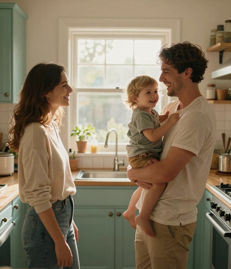 A cinematic, sun-drenched wide shot of a family in a warm kitchen. The father is laughing while holding a child, and the mother is looking on with warmth. Soft morning light in shades of cream and teal green filter through a window, highlighting the authentic connection.