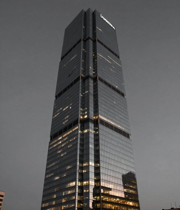 A hero shot of the Lumina Tower, a modern glass skyscraper with sharp, clean lines. Photographed from a low angle at dusk. The building glows with internal warm light against a dark #2F2E2E sky. High-end architectural photography, sophisticated and confident.