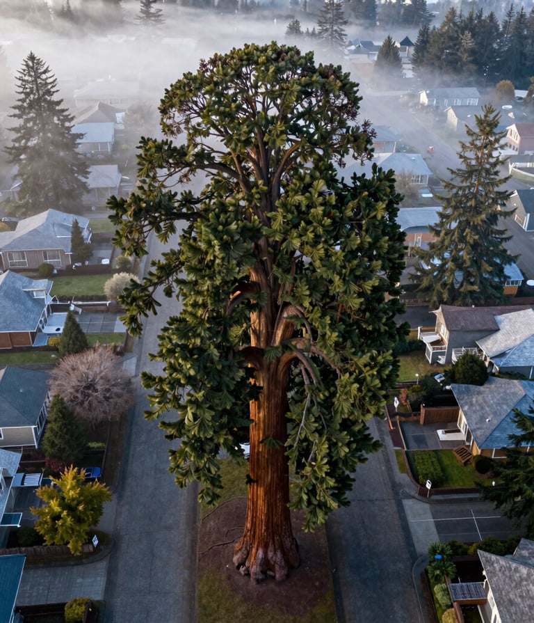 A majestic aerial photograph looking straight down on a massive Giant Sequoia tree standing tall within a residential Eugene neighborhood. The deep obsidian green needles contrast with the frosted white paved streets. Morning mist rolls through the US Pacific Northwest trees.