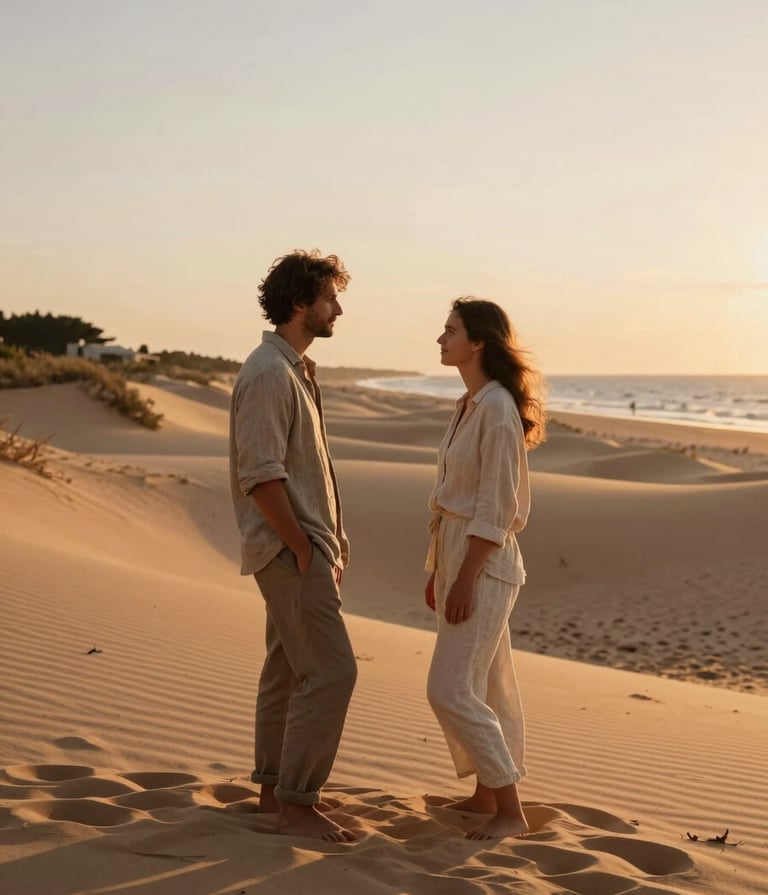 A cinematic lifestyle photograph of a couple standing on a sand dune at sunset. The lighting is warm and golden, highlighting the textures of their linen clothing. European / French coastal setting with a soft sand and terracotta color palette. Natural, authentic interaction, wide angle composition.