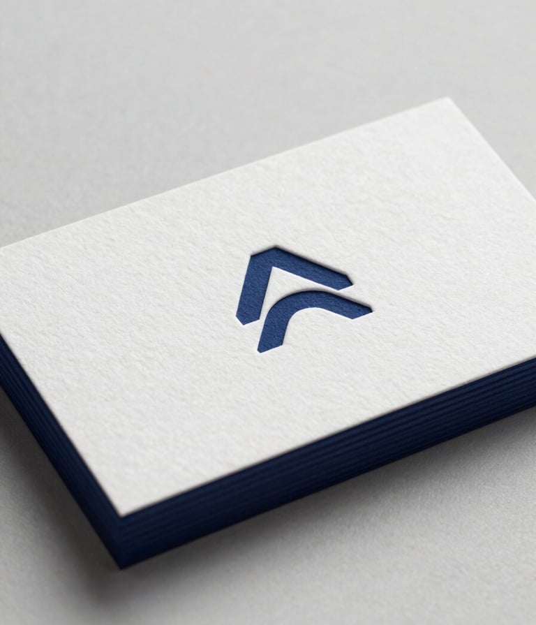 A close-up shot of a minimalist business card on thick 600gsm white cotton paper. The card features a debossed logo and edges painted in dark navy #0A1118. Sophisticated soft side-lighting to emphasize the deep texture of the letterpress. Professional and clean composition.
