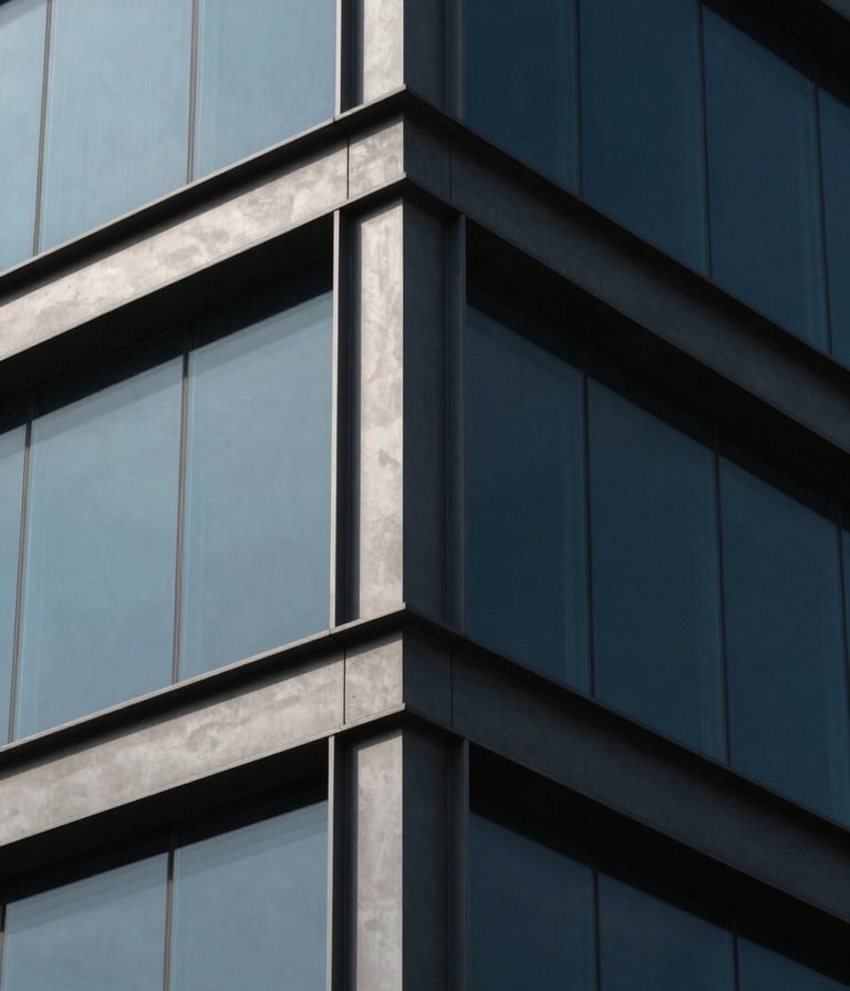 A minimalist photography shot focusing on the corner of a modern building. Muted slate steel beams meet dusty grey-blue glass panels. The lighting is sharp, creating dramatic deep charcoal shadows that emphasize the building's skeletal frame.