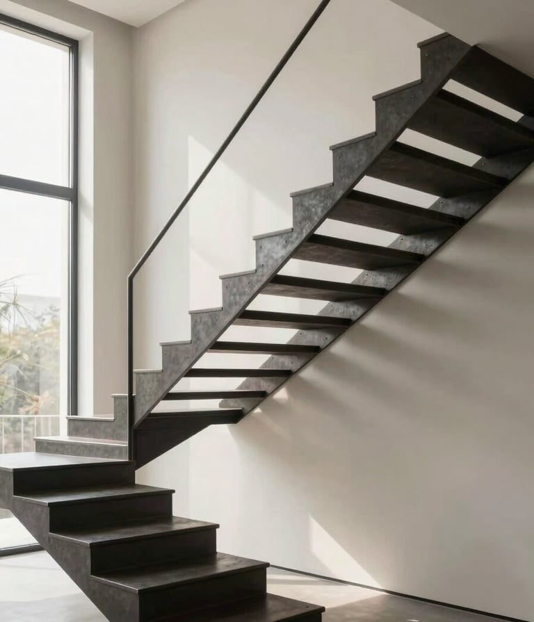 Professional architectural photography of a minimalist floating staircase made of dark charcoal steel. The steps are cantilevered from a soft off-white wall. Natural light from a large window creates soft shadows, highlighting the industrial elegance and clean lines.