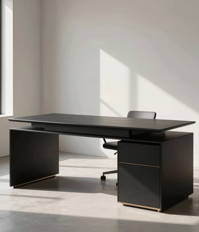 A high-end, minimalist studio interior in a North American city, featuring a charcoal black desk, sleek metallic accents, and soft, natural morning light casting sharp shadows on off-white walls.