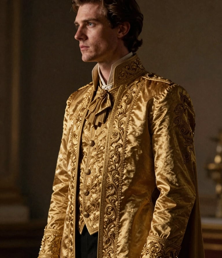 A high-fashion cinematic still of Frank Artus in a royal costume featuring deep gold embroidery. He is standing against a dark, textured background. The lighting is dramatic, highlighting his profile and the #A88B57 tones in the fabric. Professional film grain style.