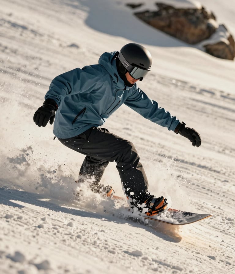 An action shot of a snowboarder carving through cream-colored powder, wearing a muted steel blue jacket, high-speed photography with visible snow spray, charcoal slate shadows.