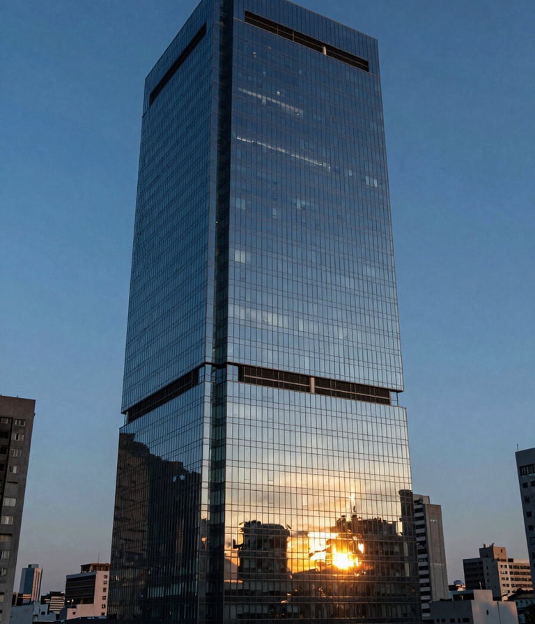 A high-end cinematic shot of a modern glass skyscraper reflecting a vibrant sunset in a Latin American / Hispanic city, shot with professional lighting, dominated by deep slate blue and steel blue tones, sophisticated and sharp composition.