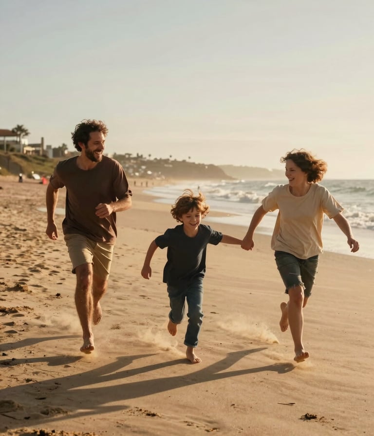 Spontaneous cinematic photography of a family laughing and running along a sandy Portuguese beach during golden hour. The lighting is warm and sun-drenched, with soft sand and terracotta tones. The composition is dynamic and authentic, showing real joy.