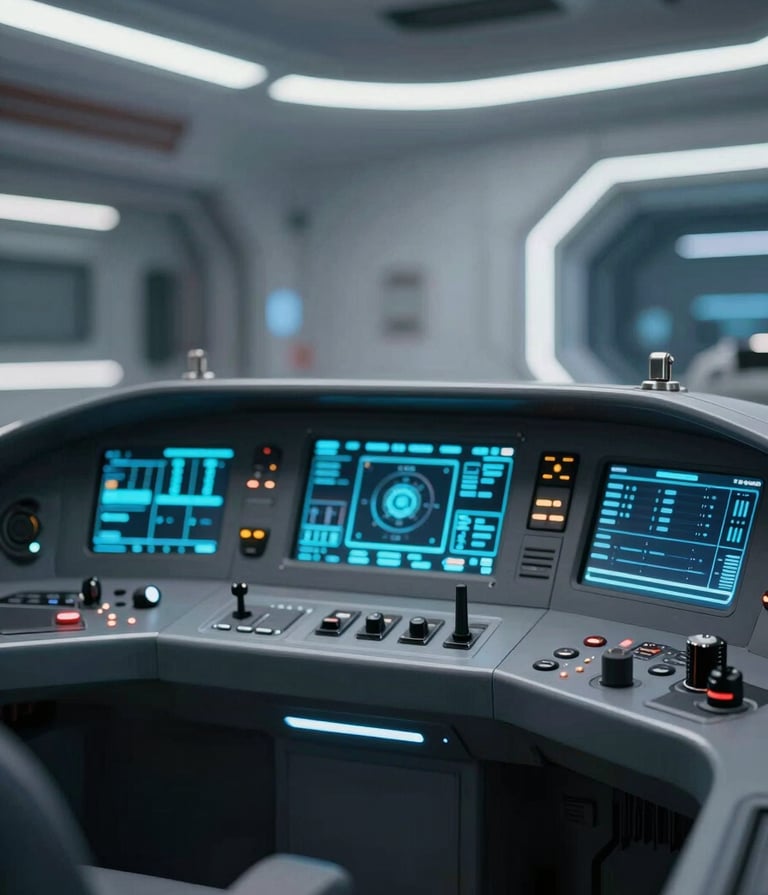 First-person perspective of a futuristic starship cockpit, sleek metallic surfaces, intricate control panels with #A7BCCB glowing displays, professional composition, sophisticated and modern feel.