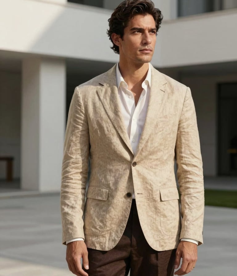 A sophisticated Latinoamericano / Hispano man standing in a modern metropolitan courtyard, wearing a sand colored linen blazer and dark brown trousers. The background shows minimalist architecture with clean lines and soft shadows. High-end fashion photography style with soft morning light.