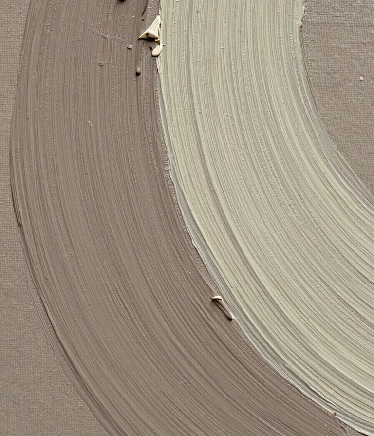 A close-up, high-detail macro photograph of an oil painting's surface. The brushstrokes are thick and visible, showing muted taupe and off-white pigment. The lighting is soft and directional, highlighting the texture of the linen canvas underneath. The aesthetic is sophisticated and artistic.