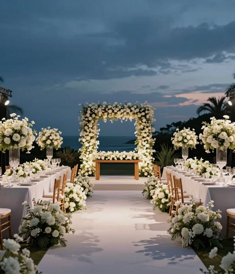 Cinematic wide shot of an elegant outdoor celebration in Brazil. Minimalist decor with white flowers and sophisticated lighting under a dusk sky. Professional atmosphere, emphasizing visual impact and emotional narrative.