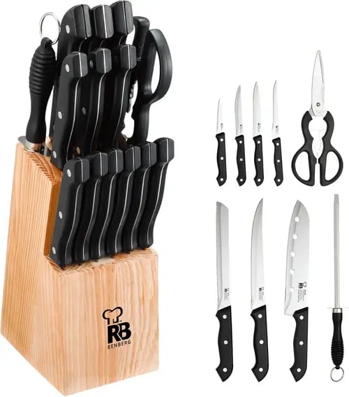 RENBERG Tenessy | Couteaux de cuisine | set complet de 15 pièces avec support en bois