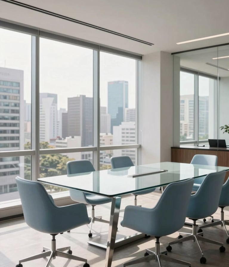 A wide-angle shot of a bright, modern corporate boardroom in a South American / Brazilian city. Large floor-to-ceiling windows show a blurred metropolitan skyline. The interior features a sleek glass table and chairs in slate blue and cloud white, with soft morning light illuminating the space.
