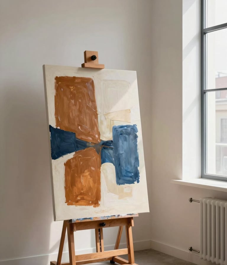 Sophisticated photography of a modern Northern European / Welsh / British art studio with minimalist Soft Off-White walls. A large abstract canvas sits on an easel featuring bold strokes of Warm Ochre and Slate Blue. Natural light pours in from a tall window, creating soft shadows and a stimulating artistic atmosphere.