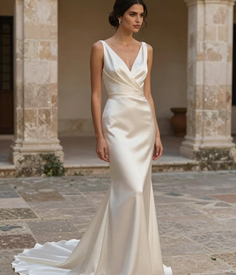A sophisticated Hispanic / Spanish-speaking bride in a minimalist silk gown, photographed in soft morning light within a historic stone courtyard. The color palette features champagne and off-white tones, emphasizing a luxury editorial wedding style.