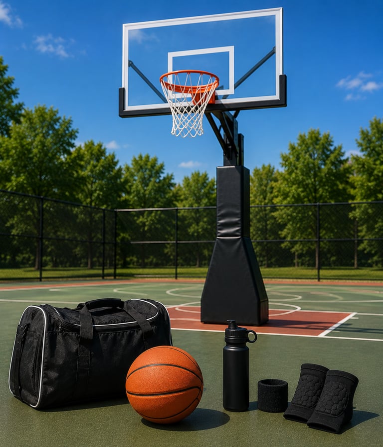Outdoor basketball court with a portable hoop, black gym bag, basketball, and water bottle on the green surface.