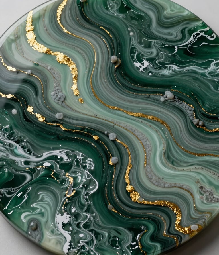 A breathtaking high-angle studio photograph of a circular resin artwork. The piece features deep forest green and muted sage green swirls, accented by shimmering veins of warm stone gray and gold mica flakes. The surface is glass-like and reflective, capturing the essence of a turbulent ocean surface.