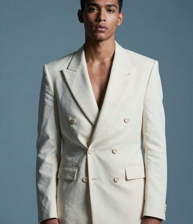 High-fashion studio portrait of a performer in North American / US, wearing a structured off-white avant-garde blazer against a clean slate blue backdrop. The lighting is dramatic, casting soft shadows that emphasize a look of powerful confidence and sophisticated artistry.