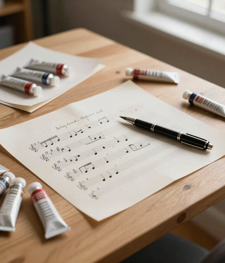 High-angle photograph of a wooden creative desk in a bright studio, featuring handwritten music scores, a vintage ink pen, and scattered oil paint tubes. Soft morning light coming from a window, International / Western setting, sophisticated and artistic mood. Palette includes cream, tan, and warm gray.