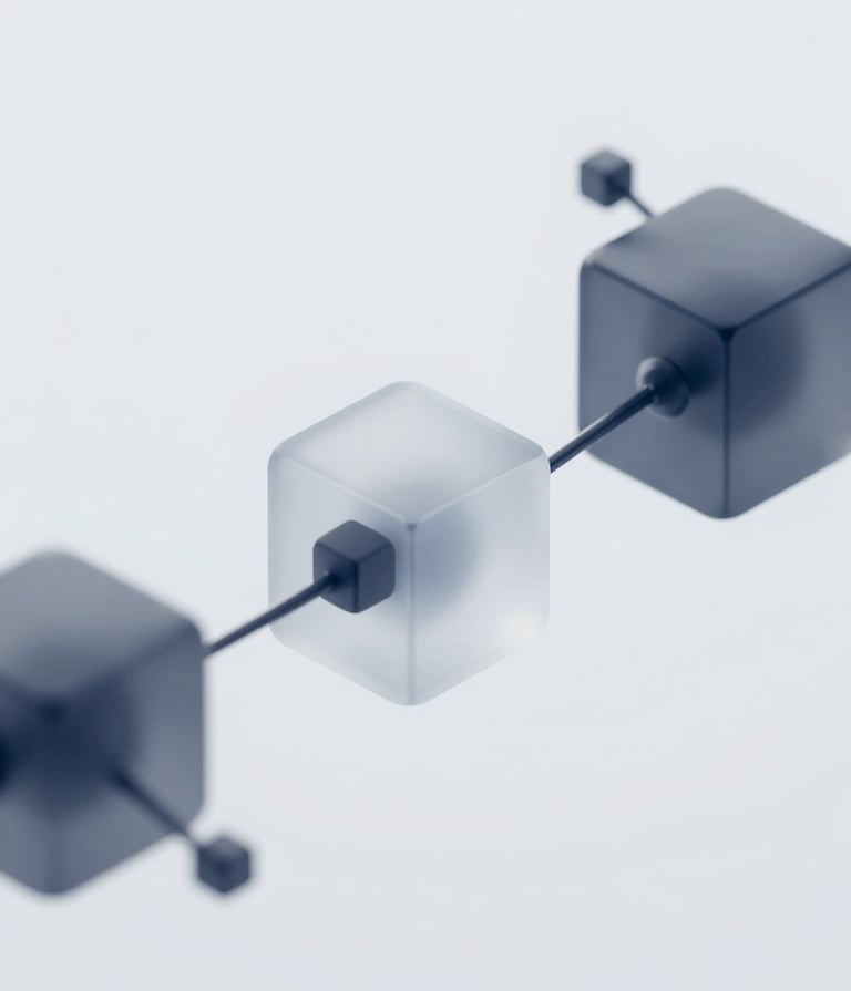 A sophisticated 3D abstract visualization of financial flow and data nodes. Minimalist style with frosted glass textures and a color palette of #2D3A4B and #7A8C9E against an #E6EFF5 background. The lighting is soft and professional, emphasizing depth and futuristic AI connectivity.