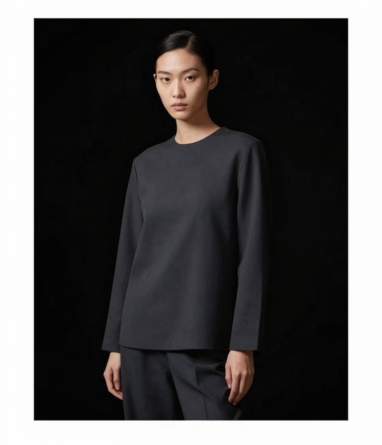 Full-frame portrait of a model in a sophisticated, minimalist pose. The model wears a dark charcoal garment (#363636) against a total black background (#000000). Lighting is refined and artistic, highlighting the silhouette with a touch of beige (#B5A591).