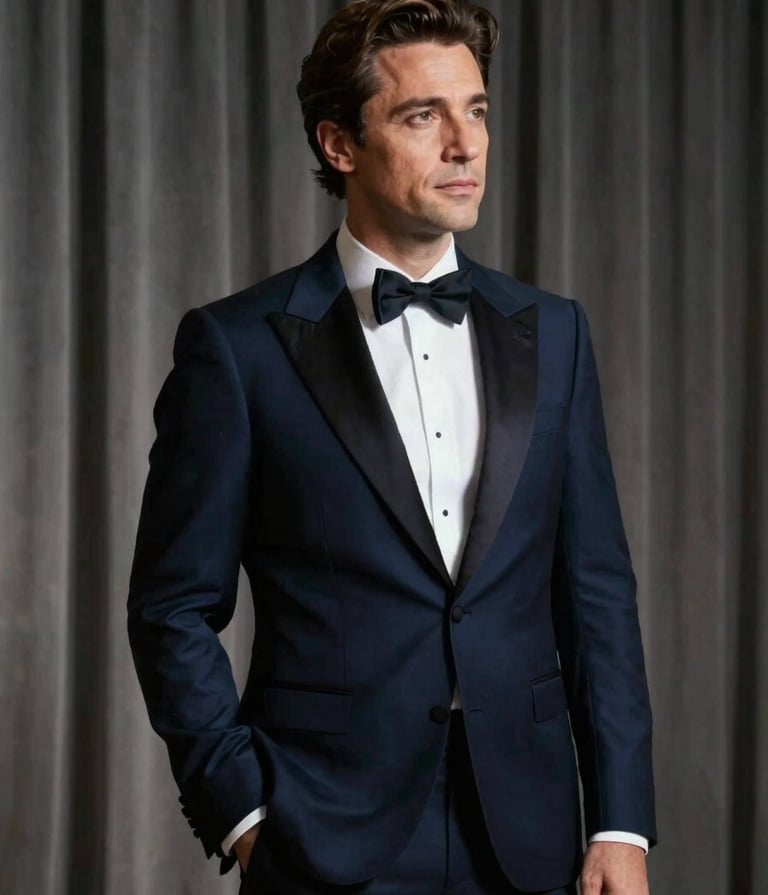 A sophisticated portrait of an Italian tenor in a midnight blue tuxedo, standing in a contemplative pose against a background of heavy theater curtains. The style is cinematic and artistic, incorporating #262626 for deep shadows and #DDCBC0 for elegant highlights.