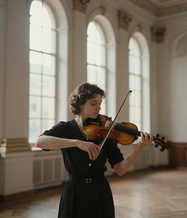 A professional violinist in a refined Southern European / Spanish historical conservatory hall, holding a violin with grace. Soft morning light coming through tall windows, warm silver taupe and soft off-white tones in the architecture. Elegant and sober atmosphere.