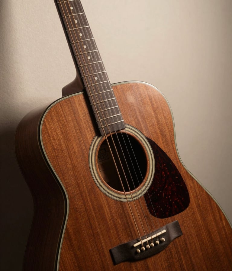 A close-up photograph of a professional acoustic guitar made of dark cocoa brown wood, leaning against a soft cream-colored studio wall. The lighting is warm and cinematic, highlighting the grain of the wood and the silver strings.