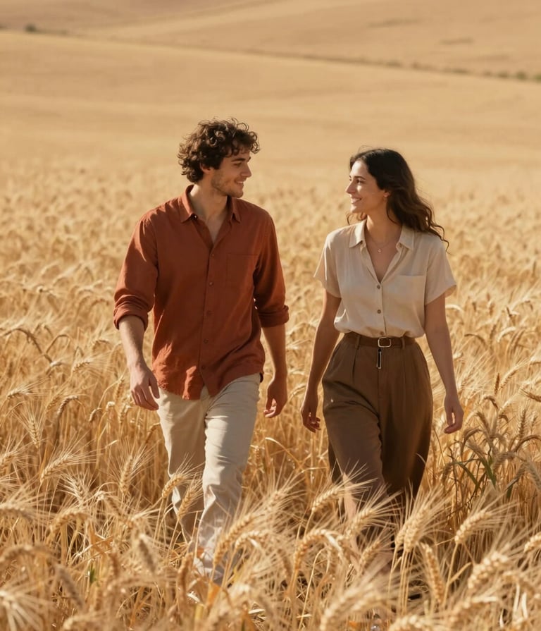 Cinematic lifestyle photography of a young couple walking through a golden wheat field in the Spanish countryside. Warm sun-kissed lighting, authentic interaction, natural style. Palette of sand, terracotta, and soft brown tones.