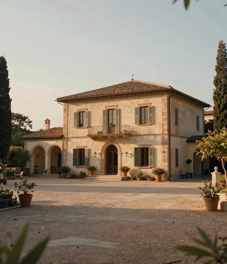 A wide-angle cinematic shot of a sun-drenched Italian villa courtyard at golden hour. The lighting is soft and nostalgic, featuring deep shadows and warm highlights. The palette is dominated by #F5F0E1 and #C4B29A, capturing a sense of timeless elegance and presence.