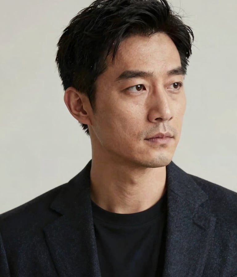 A professional editorial portrait of a male architect with a refined and thoughtful expression. The lighting is soft and natural, coming from the side. He is positioned against a soft off-white background. The style is minimalist and sophisticated, reminiscent of an architectural journal cover.