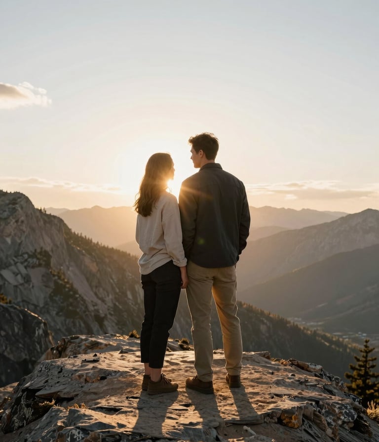 A lifestyle photograph of a couple standing on a mountain ridge in a North American / US national park. The sun is setting behind them, creating a warm, sun-drenched halo and cinematic lens flares. They are dressed in charcoal and soft sand colors, appearing authentic and deeply connected.